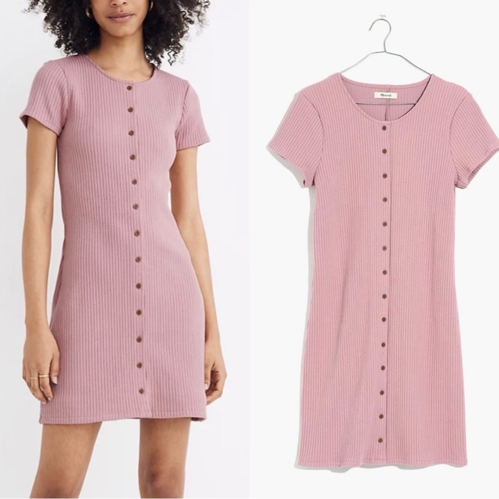 Madewell Pink Ribbed Mini Dress Sweater Short Sleeve Buttons Style A0580 0 2 XS